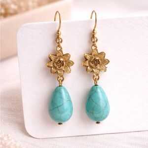 Turquoise Style Teardrop Earrings | Gold Tone Floral Boho Drop Earrings
